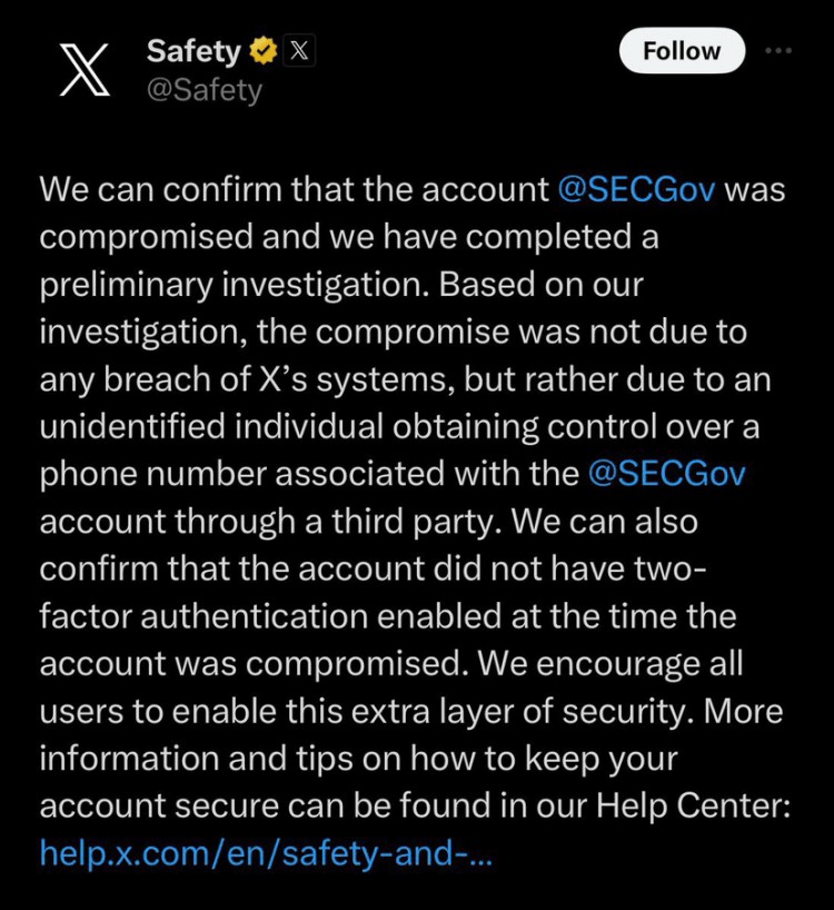 美國證券交易委員會 Twitter 帳號被駭：提醒人們雙重認證的重要性