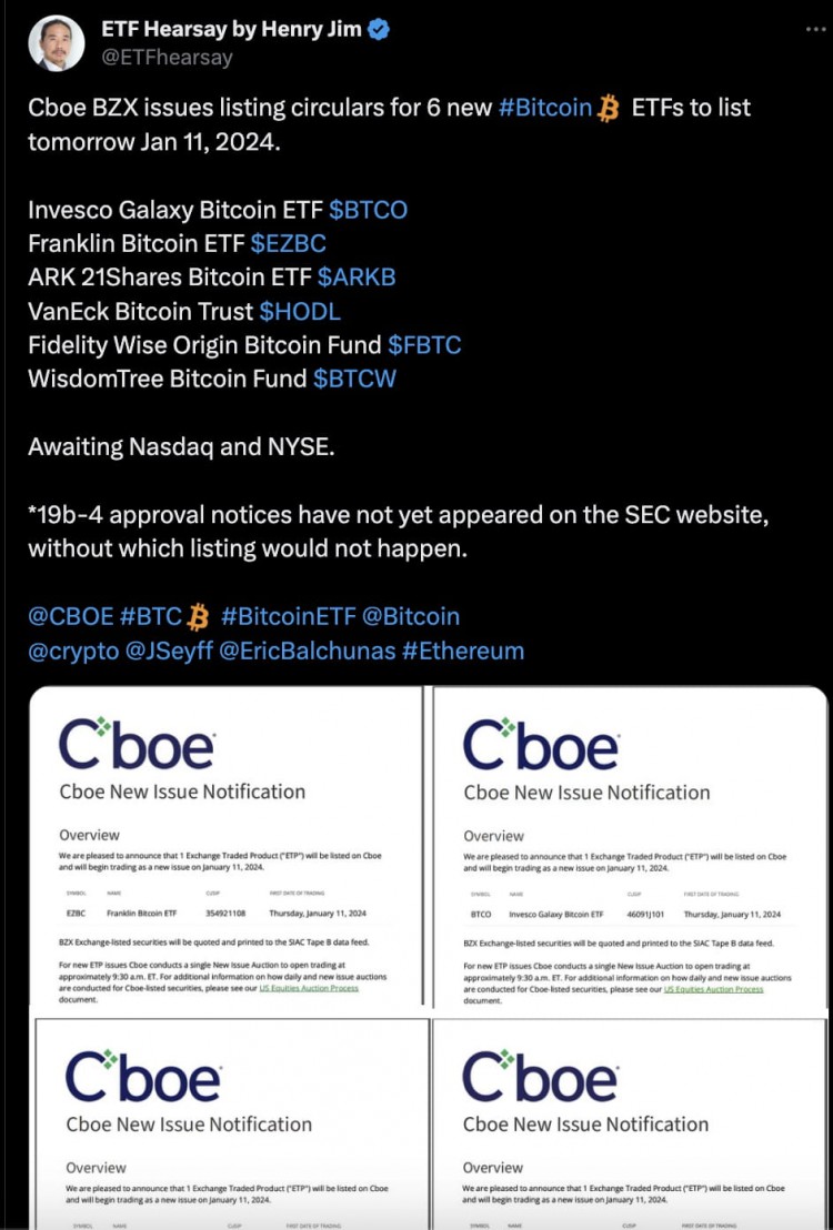 ETF分析師CBOEBZX發布六隻新比特幣ETF的上市通訊