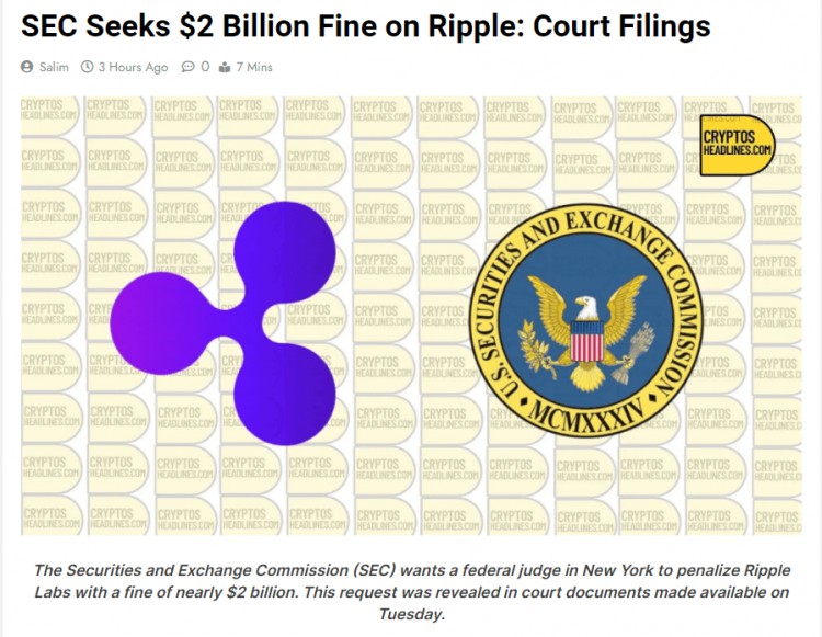 SEC要求RIPPLE20億美元罰款