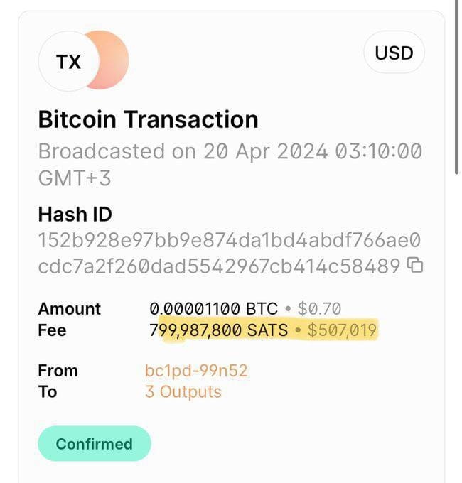 50萬美元的歷史交易包含在比特幣網(wǎng)路的第840000個區(qū)塊中比特幣交易費用狂飆